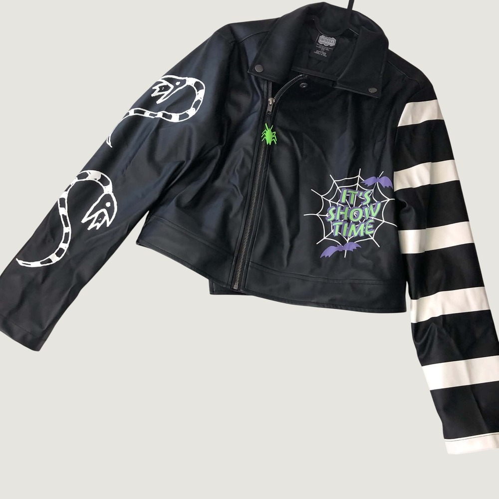 Spirit Costume Beetlejuice Moto Jacket Womens Large Boxy Faux Leather Halloween - Picture 3 of 16